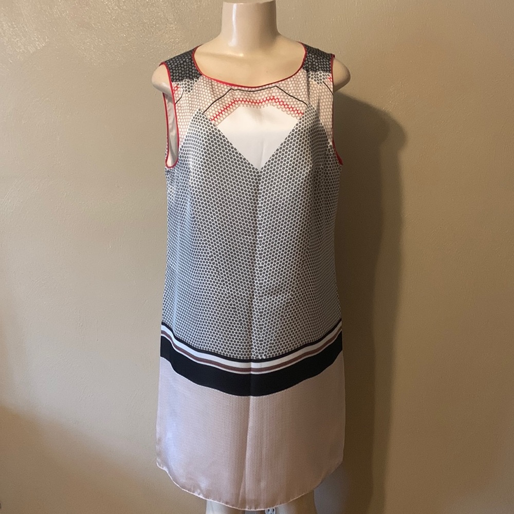 Max Edition size M cream multi patterned dress red trim NWT